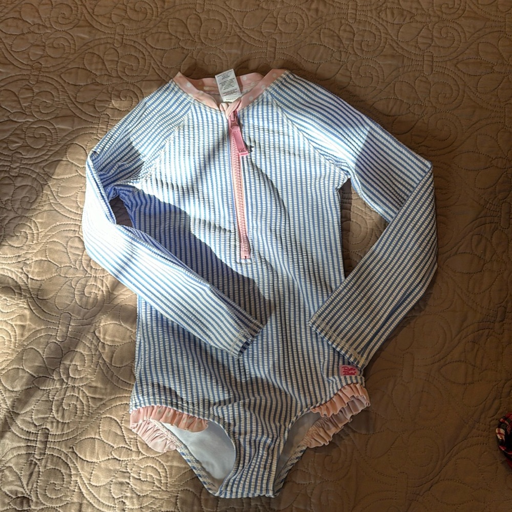 Ruffle Butts Blue & White Striped Long-Sleeve One-Piece with Pink Trim
